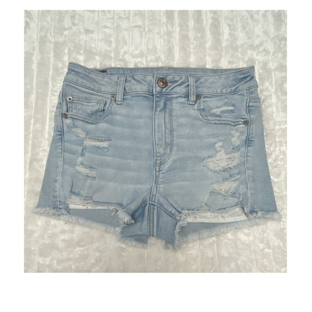 American Eagle Hi-Rise Shortie Distressed Denim Jean Shorts Light Wash Womens 8